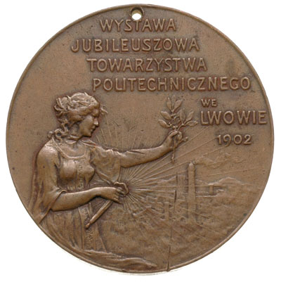 Wystawa Politechniczna we Lwowie w 1902 r., niesygnowany medal, Aw: Po lewej stojąca kobieta, w polu zabudowania fabryczne, powyżej napis WYSTAWA JUBILEUSZOWA TOWARZYSTWA POLITECHNICZNEGO WE LWOWIE 1902, Rw: W wieńcu napis NA PAMIATKĘ 25 LETNIEGO JUBILEUSZU TOWARZYSTWA POLITECHNICZNEGO WE LWOWIE 1877-1902, brąz 50 mm, Strzałkowski 23 (R), przedziurawiony
