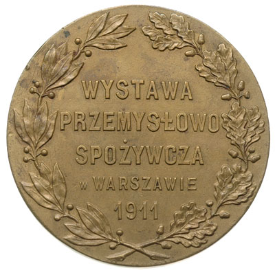 Wystawa Przemysłowo - Spożywcza w Warszawie w 1911 r., medal i medalik jednostronny wykonane w zakładzie J. Chylińskiego, Aw: W wieńcu napis WYSTAWA PRZEMYSLOWO SPOŻYWCZA w WARSZAWIE 1911, Rw: Stojąca kobieta z gałązką palmową w prawej ręce, w polu wygrawerowany napis ROSYJSKIEMU TOW. HANDLU HERBATĄ ZA WPROWADZENIE DO SPRZEDAŻY NAJLEPSZYCH GATUNKÓW HERBATY, brąz 46 mm, biały metal 25 mm, Strzałkowski 197 (R) i 196 (R), łącznie 2 sztuki