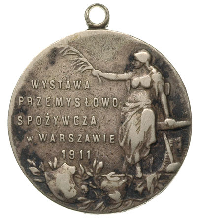 Wystawa Przemysłowo - Spożywcza w Warszawie w 1911 r., medal i medalik jednostronny wykonane w zakładzie J. Chylińskiego, Aw: W wieńcu napis WYSTAWA PRZEMYSLOWO SPOŻYWCZA w WARSZAWIE 1911, Rw: Stojąca kobieta z gałązką palmową w prawej ręce, w polu wygrawerowany napis ROSYJSKIEMU TOW. HANDLU HERBATĄ ZA WPROWADZENIE DO SPRZEDAŻY NAJLEPSZYCH GATUNKÓW HERBATY, brąz 46 mm, biały metal 25 mm, Strzałkowski 197 (R) i 196 (R), łącznie 2 sztuki