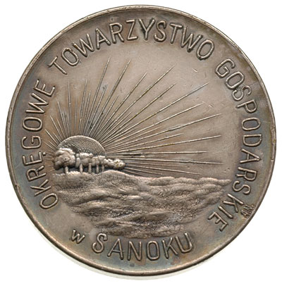 Wystawa Ziemi Sanockiej w 1927 r., sygnowany medal wykonany w zakładzie A. Nagalskiego, Aw: Na snopie zboża skrzyżowane grabie, kosa i sierp, powyżej data 10-12.X., w otoku napis PIERWSZA WYSTAW ROLNICZO -OGRODNICZA - ZIEMI SANOCKIEJ, Rw: Wschodzące słońce nad polem, w otoku napis OKRĘGOWE TOWARZYSTWO GOSPODARSKIE W SANOKU, brąz srebrzony 40 mm, Strzałkowski 583 (R), patyna