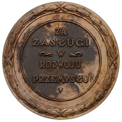 Wystawa Przemysłowa w Warszawie w 1936 r., niesygnowany medal, Aw: Stylizowany Orzeł państwowy, poniżej WARSZAWA 1936, w otoku napis WYSTAWA PRZEMYSŁU METALOWEGO I ELEKTROTECHNICZNEGO, Rw: W wieńcu larowym napis ZA ZASŁUGI W ROZWOJU PRZEMYSŁU, brąz 64 mm, Strzałkowski 797