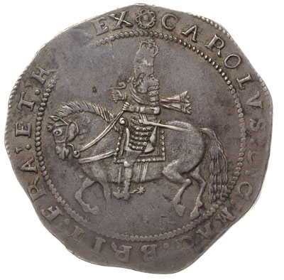 korona 1642-1643, mennica Truro,Aw: Król na koniu w lewo, u góry rozetka, Rw: Owalna tarcza herbowa, u góry rozetka, srebro 29.62 g, S. 3045, patyna