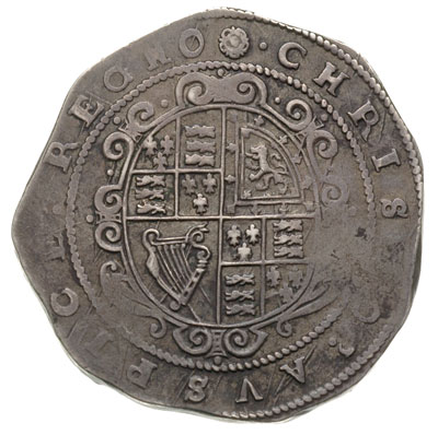 korona 1642-1643, mennica Truro,Aw: Król na koniu w lewo, u góry rozetka, Rw: Owalna tarcza herbowa, u góry rozetka, srebro 29.62 g, S. 3045, patyna