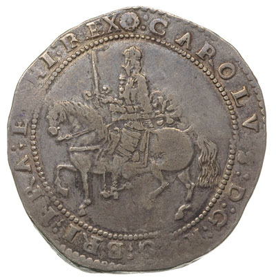 korona 1644, mennica Exeter, Aw: Król na koniu w lewo, u góry rozetka, Rw: Owalna tarcza herbowa, u góry rozetka, srebro 28.20 g, S. 3058, patyna