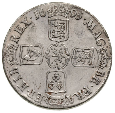korona 1695, Aw: Popiersie w prawo, Rw: Cztery tarcze herbowe, nieczytelny napis na rancie, srebro 30.10 g, S. 3470, moneta wyczyszczona, opiłowany rant