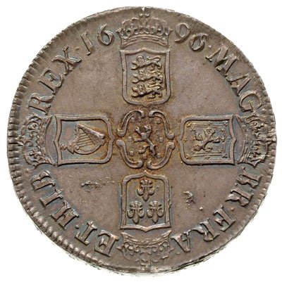 korona 1696, Aw: Popiersie w prawo, Rw: Cztery tarcze herbowe, na rancie OCTAVO, srebro 29.89 g, S.3472, patyna