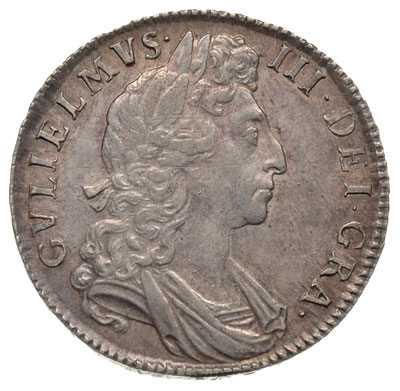 1/2 korony 1699, Aw: Popiersie w prawo, Rw: Cztery tarcze herbowe, na rancie UNDECIMO, srebro 15.07 g, S. 3494, rzadka moneta i wyśmienicie zachowana, patyna