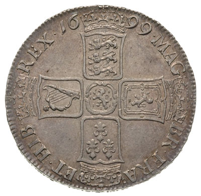 1/2 korony 1699, Aw: Popiersie w prawo, Rw: Cztery tarcze herbowe, na rancie UNDECIMO, srebro 15.07 g, S. 3494, rzadka moneta i wyśmienicie zachowana, patyna