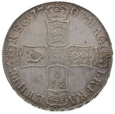 korona 1703, Aw: Popiersie w lewo, pod nim VIGO, Rw: Cztery tarcze herbowe, na rancie TERTIO, srebro 29.92 g, S. 3576, rzadki typ, patyna