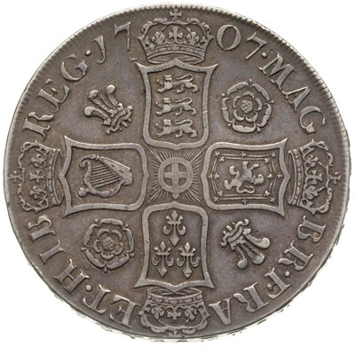 korona 1707, Aw: Popiersie w lewo, Rw: Cztery tarcze herbowe królestwa Anglii, na rancie SEXTO, srebro 29.82 g, S. 3578, rzadszy typ wybity przed zjednoczeniem z królestwem Szkocji, ciemna patyna