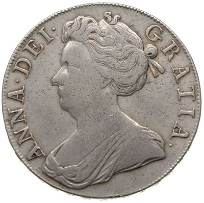 korona 1708, Aw: Popiersie w lewo, Rw: Cztery tarcze herbowe Zjednoczonego Królestwa Anglii i Szkocji, na rancie SEPTIMO, srebro 29.79 g, S. 3602, rzadsza odmiana z liliami między tarczami