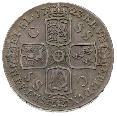korona 1723, Aw: Popiersie w prawo, Rw: Cztery tarcze herbowe, w polach SS-C-SS-C, na rancie DECIMO, srebro 29.97 g, S. 3640, patyna