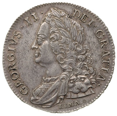 korona 1746, Aw: Popiersie w prawo, pod nim LIMA, Rw: Cztery tarcze herbowe, na rancie DECIMO NONO, srebro 30.13 g, S. 3689, patyna