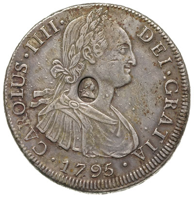 dolar zastępczy z owalną kontrmarką na monecie 8 reali Karola IV, 1795, Potosi, srebro 26.88 g, S. 3765A, patyna