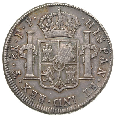 dolar zastępczy z owalną kontrmarką na monecie 8 reali Karola IV, 1795, Potosi, srebro 26.88 g, S. 3765A, patyna