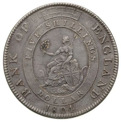 Bank of England, dolar = 5 szylingów 1804, wybite na monecie 8 reali Karola IV, srebro 26.31 g, S. 3768