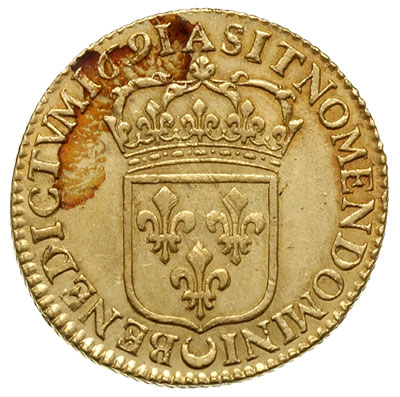 Ludwik XIV Wielki 1643-1715, podwójny louis d’or 1691 / A, typ à l’écu, złoto 13.45 g, Droulers 398, Fr. 428, ślady rdzy