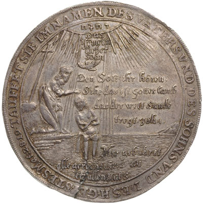 talar chrzcielny /tauftaler/ bez daty (przed 1680), srebro 29.16 g, Knyph. 2795, pęknięty, ale bardzo ładny