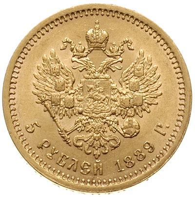 5 rubli 1889 (АГ), Petersburg, litery АГ na szyi, złoto 6.44 g, Bitkin 34, piękne