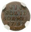 szeląg 1797 B, Wrocław, Plage 17, moneta w pudełku NGC z certyfikatem AU 58 BN, patyna