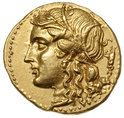 dekadrachma, Aw: Głowa Persefony w lewo, Rw: Biga w lewo, poniżej monogram oraz napis ΙΕΡΑΝΟΣ, złoto 4.19 g, BMC 519-wariant, piękna i bardzo atrakcyjna moneta