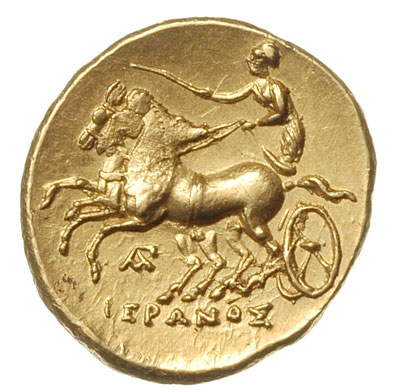 dekadrachma, Aw: Głowa Persefony w lewo, Rw: Biga w lewo, poniżej monogram oraz napis ΙΕΡΑΝΟΣ, złoto 4.19 g, BMC 519-wariant, piękna i bardzo atrakcyjna moneta