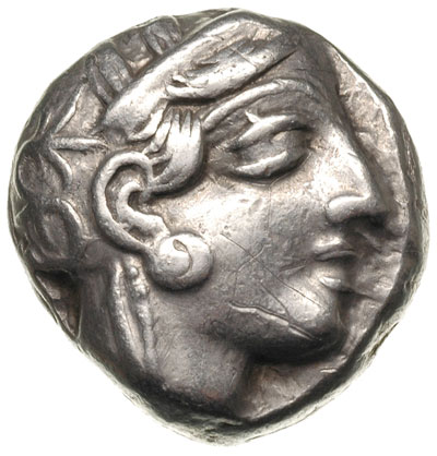tetradrachma ok. 430 pne, Aw: Głowa Ateny w prawo, Rw: W kwadracie incucum sowa w prawo, za nią gałązka oliwna, przed nią ΑΘΕ, srebro 17.09 g, BMC XI 48