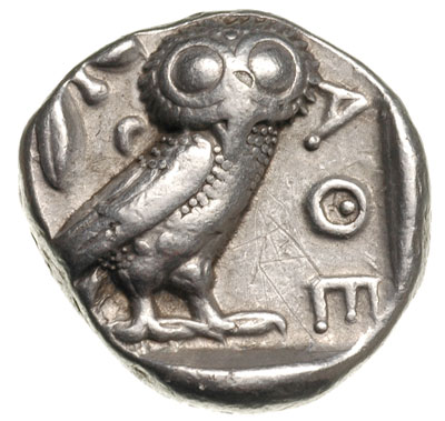 tetradrachma ok. 430 pne, Aw: Głowa Ateny w prawo, Rw: W kwadracie incucum sowa w prawo, za nią gałązka oliwna, przed nią ΑΘΕ, srebro 17.09 g, BMC XI 48