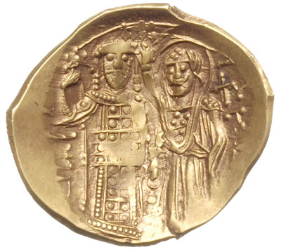 hyperpyron, Magnesia, Aw: Chrystus na tronie, Rw: Cesarz z labarum błogosławiony przez Marię, złoto 4.24 g, DOC 4 c, bardzo ładny egzemplarz
