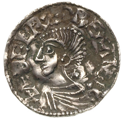 denar, Londyn, Aw: Popiersie króla w lewo i napis EDELRED REX ANGLO, Rw: Długi krzyż i napis +GO-DPIN-EM.D-LVND, srebro 1.46 g, Spink 1151