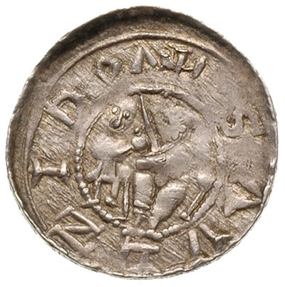 denar, Aw: Książę na tronie obok giermek, Rw: Rycerz walczący ze lwem, srebro 0.69 g, Stronczyński 40