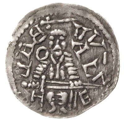 denar 1146-1157, Aw: Książę z mieczem na tronie, napis BOLE-ZLAVS przedzielony na górze mieczem, Rw: Głowa w kwadratowej ramce z perełek, w otoku napis S ADALBERTVS, srebro 0.52 g, Stronczyński 51
