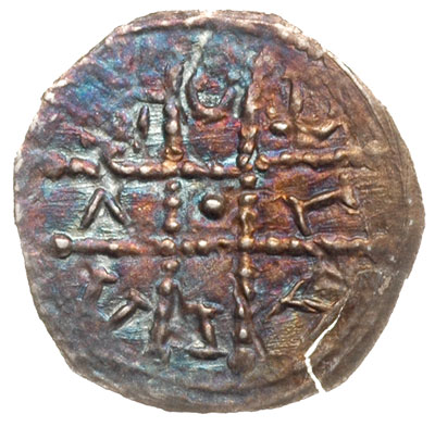 denar, Aw: Krzyż dwunitkowy , polach napis LODISLAVS, Rw: Dwie postacie z chorągwią, srebro 0.20 g, Str. 174.ab, Suchodolski 3 a, bardzo ładny egzemplarz