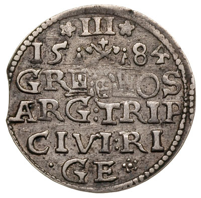 trojak 1584, Ryga, Iger R.84.1.b (R1), Gerbaszewski 1, moneta wybita z końcówki blachy, patyna