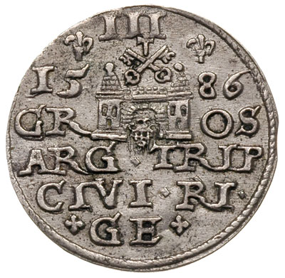 trojak 1586, Ryga, awers Iger R.86.2.d, rewers Iger R.86.2.a, Gerbaszewski 17 b, bardzo ładny, patyna