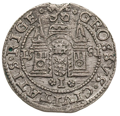 grosz 1581, Ryga, pełna data po bokach herbu, Gerbaszewski 3.9