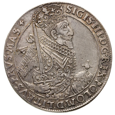 talar 1628, Bydgoszcz, odmiana z herbem podskarbiego pod tarczą herbową, srebro 29.05 g, Dav. 4315, T. 6, ładny