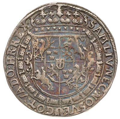 talar 1630, Bydgoszcz, odmiana z szerokim popiersiem króla, srebro 28.84 g, Dav. 4316, T.6, wielobarwna patyna