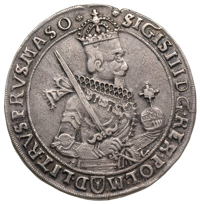 talar 1630, Bydgoszcz, odmiana z wąskim popiersiem króla i kokardą na plecach, srebro 28.14 g, Dav. 4315, T. 6, drobna wada krążka, patyna