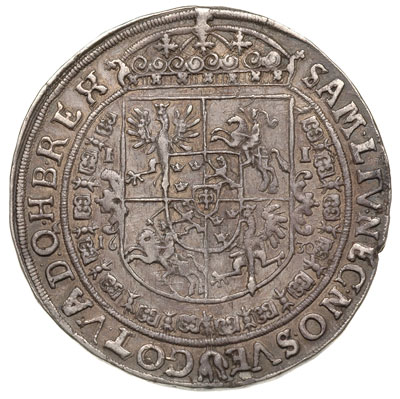 talar 1630, Bydgoszcz, odmiana z wąskim popiersiem króla i kokardą na plecach, srebro 28.14 g, Dav. 4315, T. 6, drobna wada krążka, patyna
