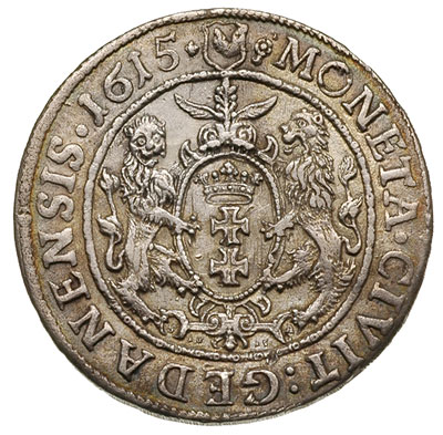 ort 1615, Gdańsk, popiersie króla z kryzą, dwukropek i rozetka kończą napis na awersie, bardzo ładny z patyną