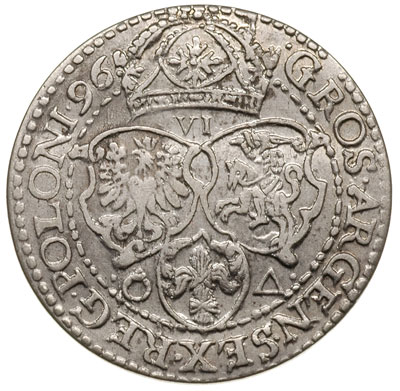 szóstak 1596, Malbork, niezmiernie rzadka odmiana z dużą głową króla, rzadki i ładnie zachowany
