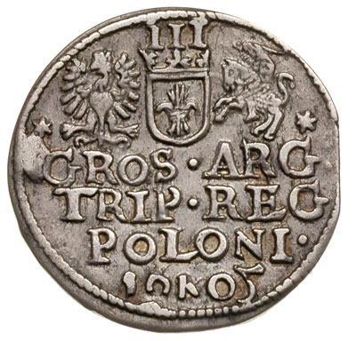 trojak 1605, Kraków, cyfra 5 wygląda jak obrócona do góry nogami cyfra 2, Iger K.05.1.b (R1), moneta wybita z końca blachy, patyna