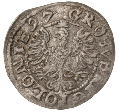 grosz 1597, Lublin, Aw: Korona, poniżej napis SI