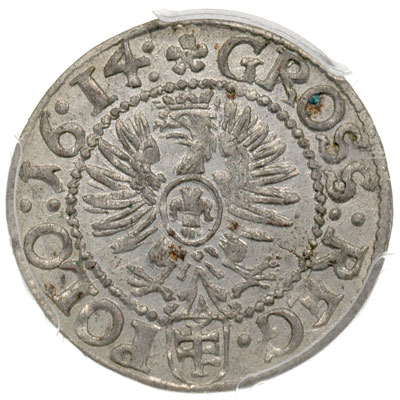 grosz 1614, Kraków, moneta w pudełku PCGS z certyfikatem MS 63, ładny