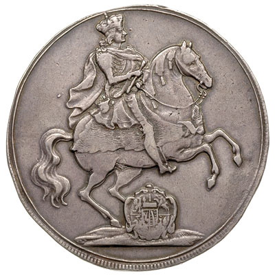talar wikariacki 1711, Drezno, Aw: Król na koniu, Rw: Trzy stoły z insygniami koronacyjnymi, srebro 29.03 g, Kahnt 274, Schnee 1011, patyna