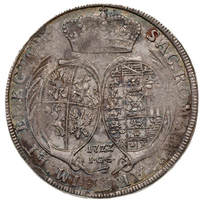 talar 1722, Drezno, Aw: Popiersie w prawo, Rw: Dwie tarcze herbowe, srebro 29.05 g, Kahnt 109, Schnee 1015, na awersie grafitti w tle, patyna
