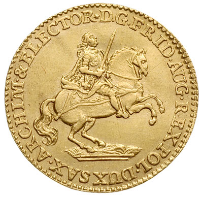 dukat wikariacki 1742, Drezno, Aw: Król na koniu, Rw: Tron, złoto 3.47 g, Kahnt 637, Merseb. 1700, ładny