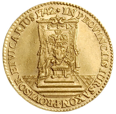 dukat wikariacki 1742, Drezno, Aw: Król na koniu, Rw: Tron, złoto 3.47 g, Kahnt 637, Merseb. 1700, ładny