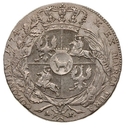 talar 1774, Warszawa, srebro 27.96 g, Plage 390, Dav. 1619, justowanie na awersie, rzadki